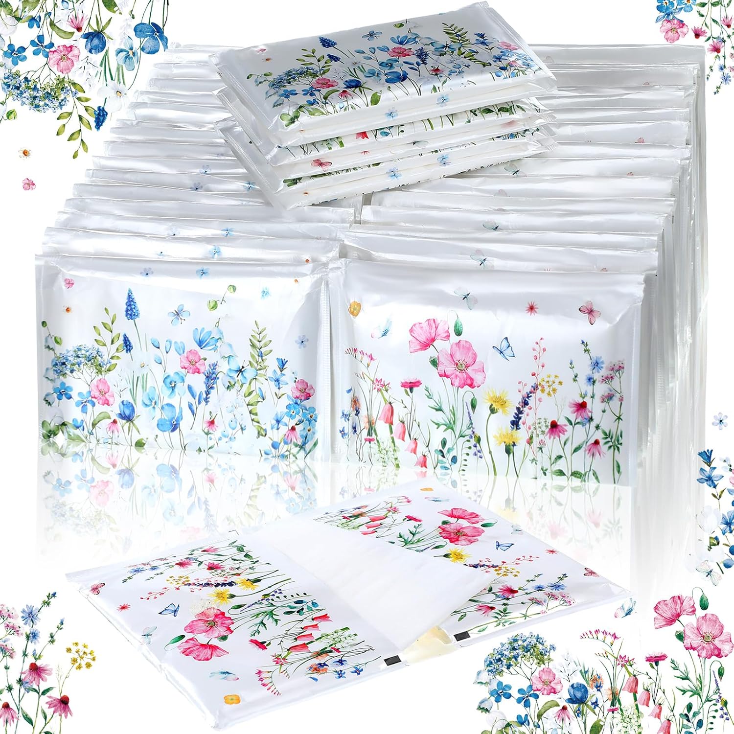Fourluoo summer floral pocket tissues fifty pack front view showing pink and blue wildflower packets