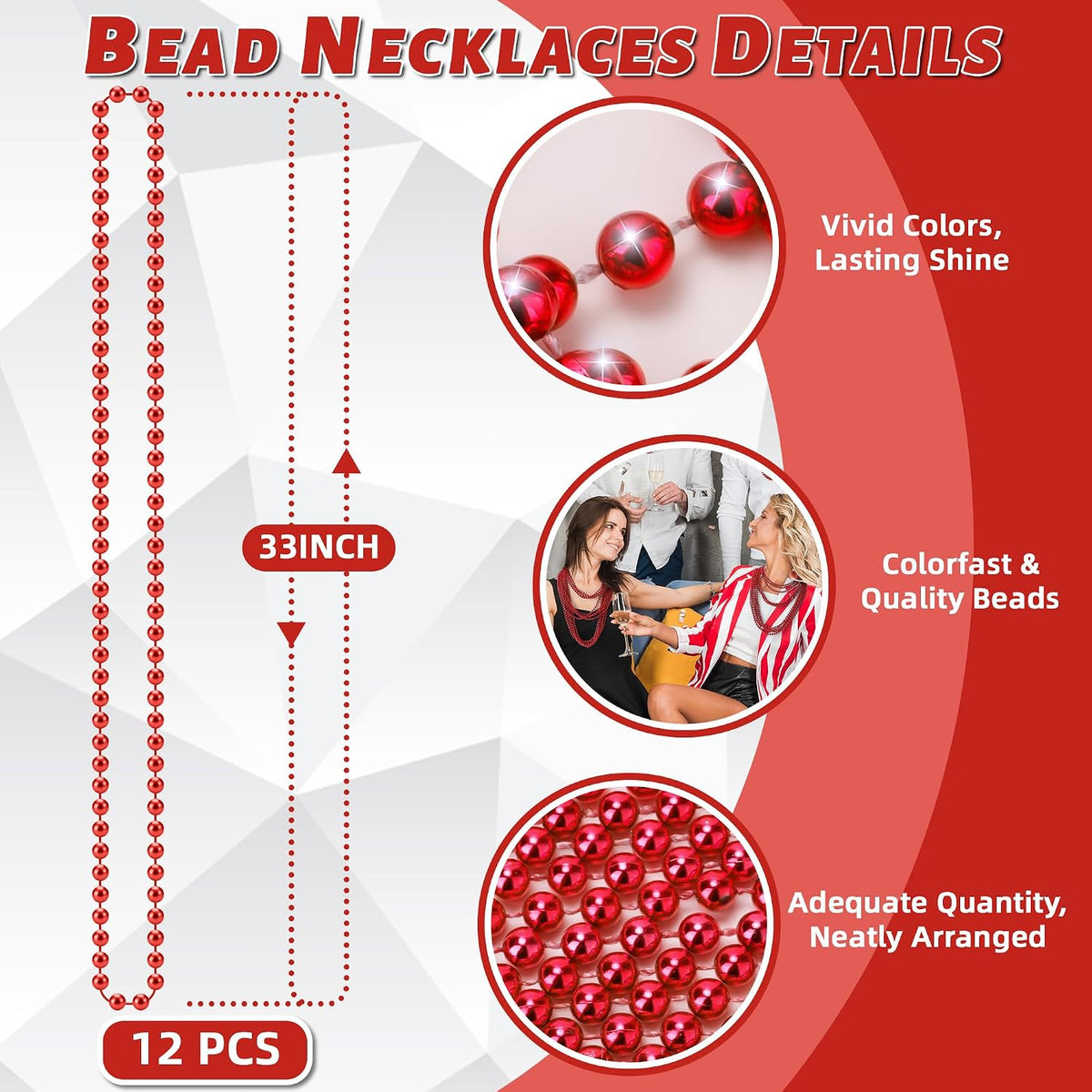 Close up of 7 millimeter round beads on red necklace strand