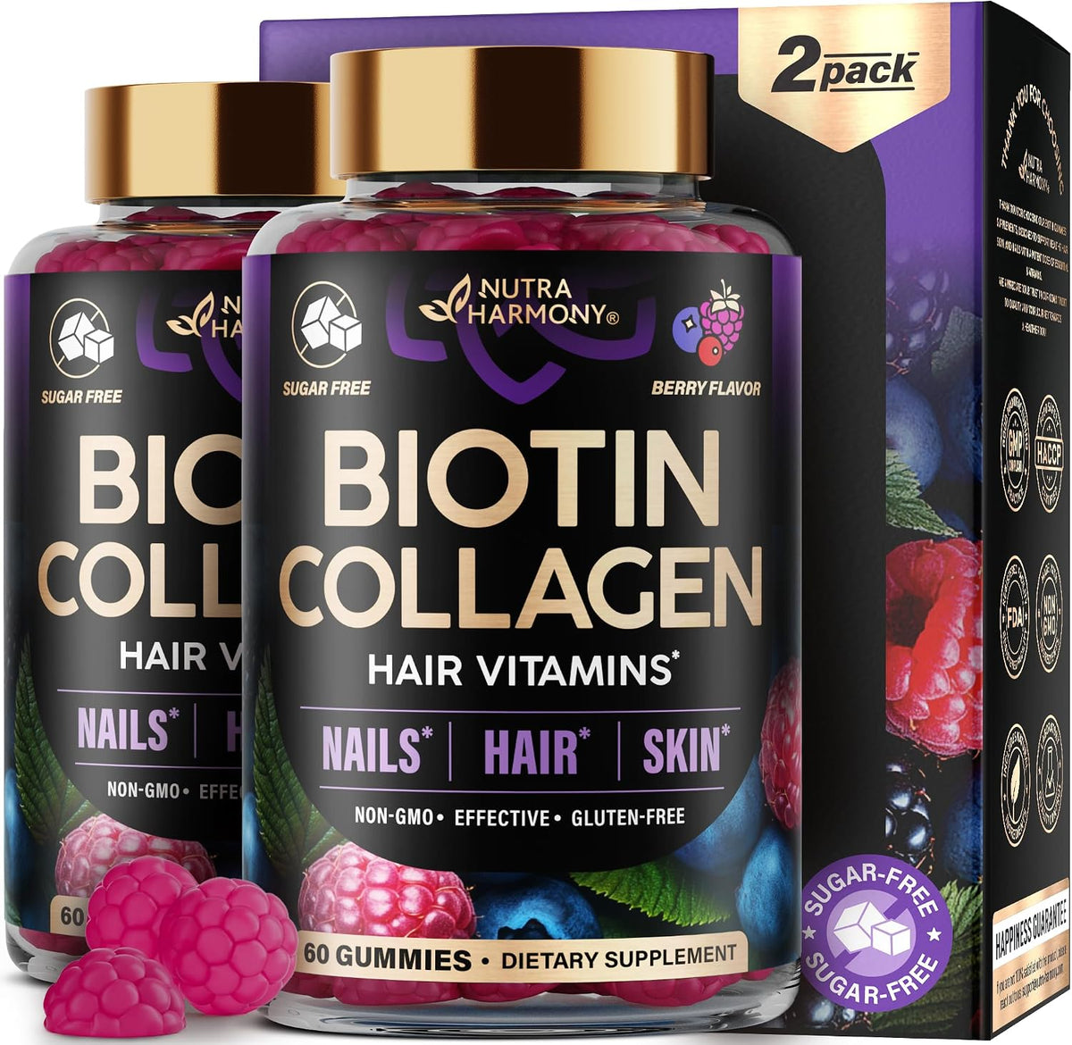 NutraHarmony Biotin Gummies front view of the bottle packaging showing key ingredients.