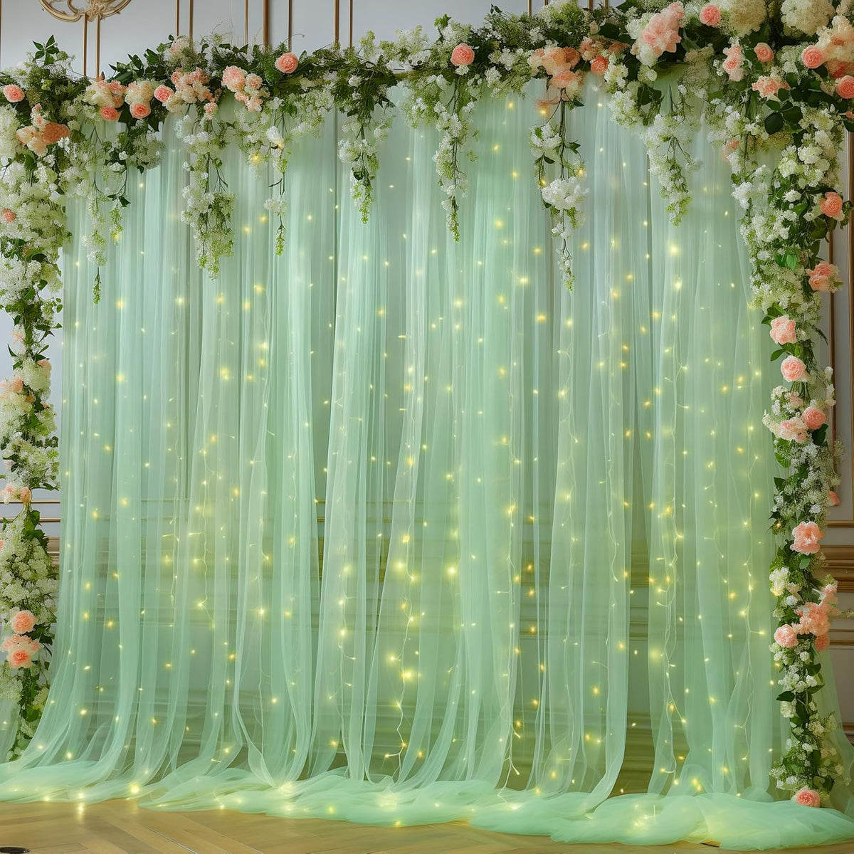 PARTISKY olive green tulle backdrop curtain front view with warm white string lights for wedding decor