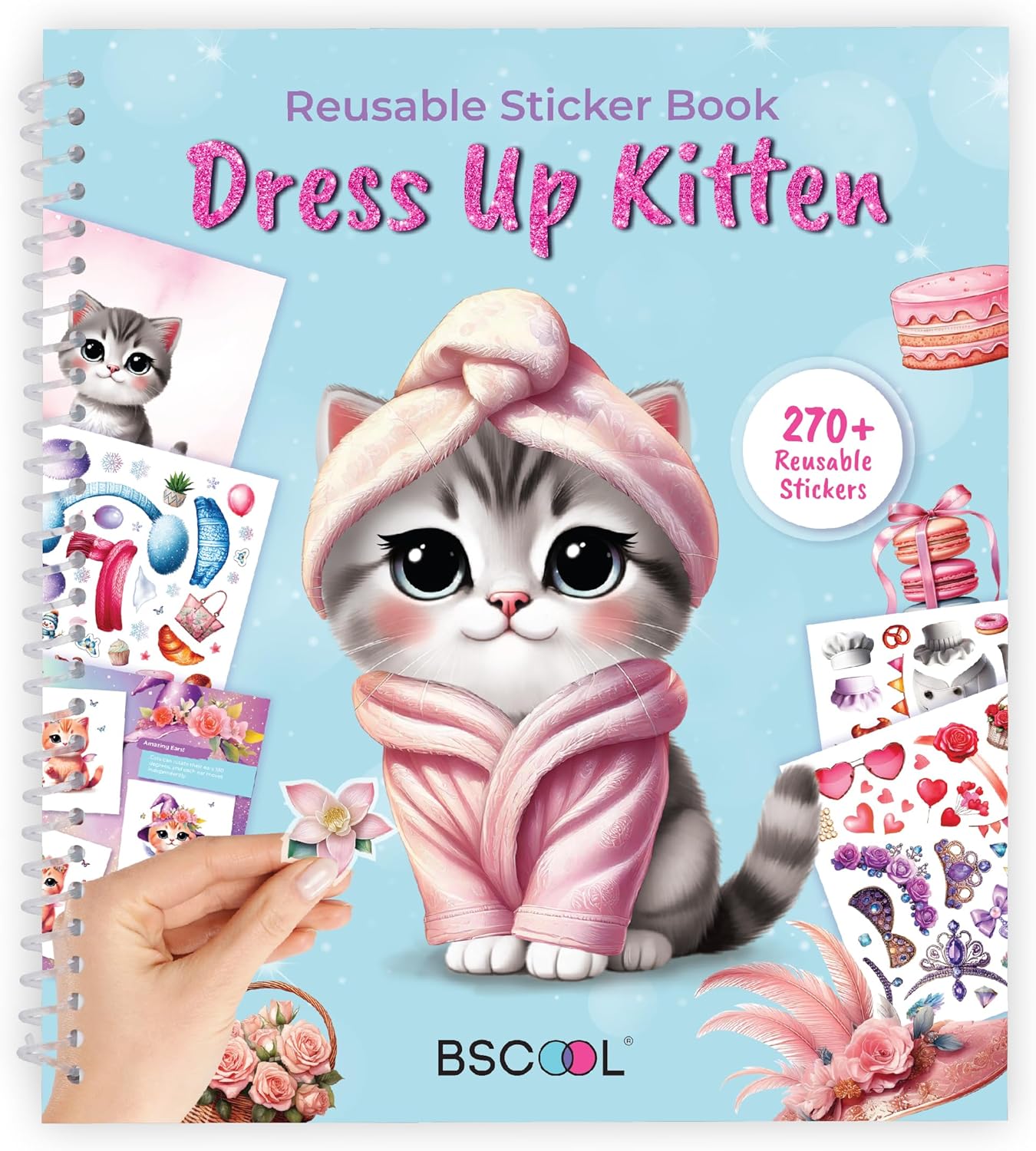 BSCOOL Sticker Dress Up Kitten Activity Book front view featuring a kitten wearing a pink bathrobe on the cover.