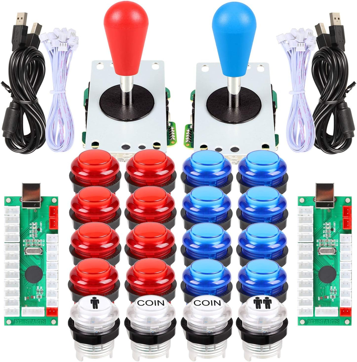 EG STARTS 2-player arcade DIY kit front view with red and blue joysticks and LED buttons