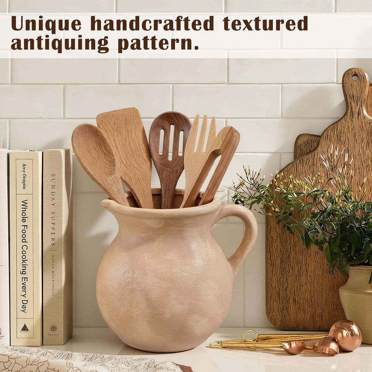 Potchen kitchen utensil holder highlighting the convenient side handle design