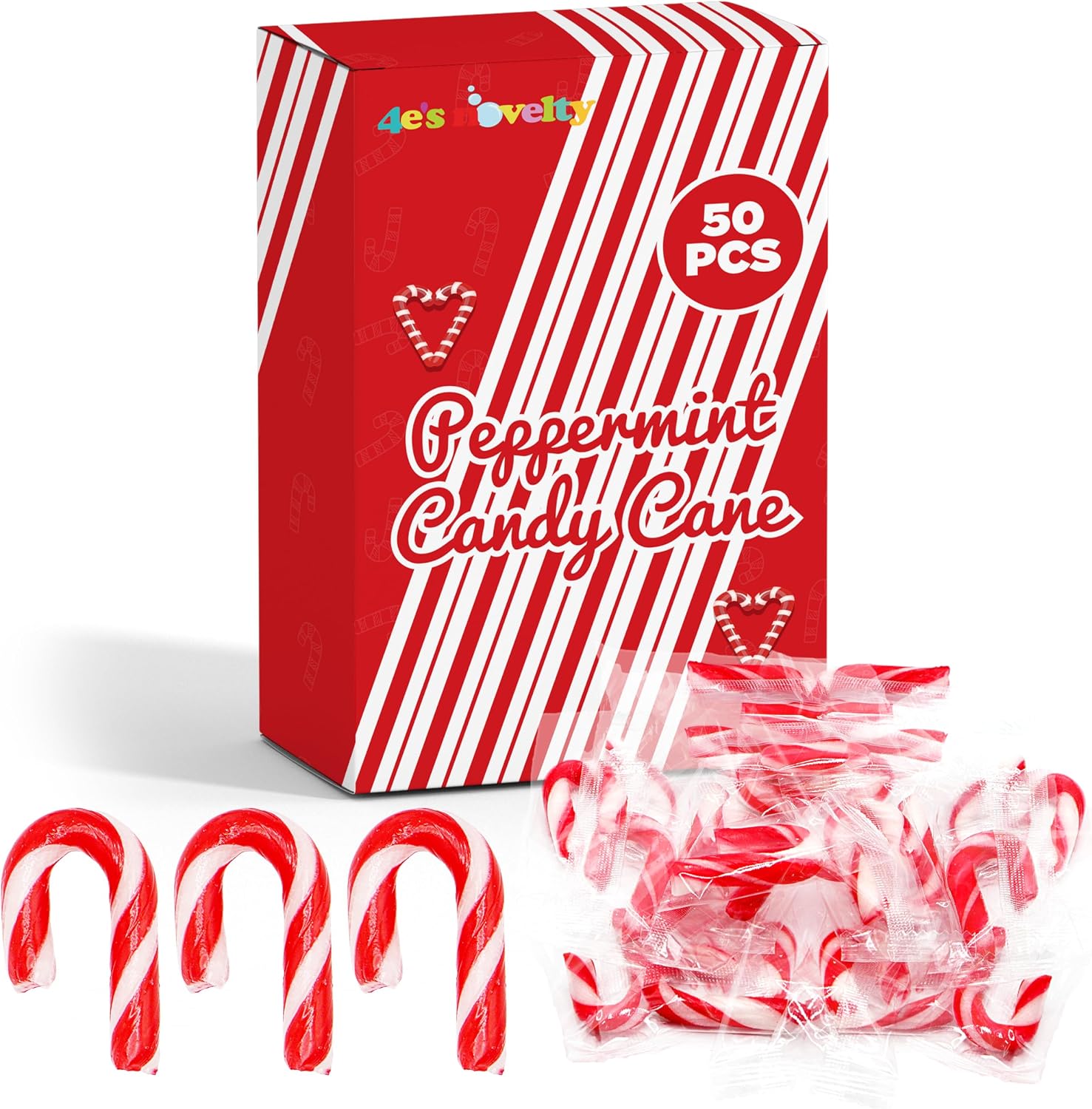 4E's Novelty mini candy canes 50 pack front view classic peppermint Christmas candy