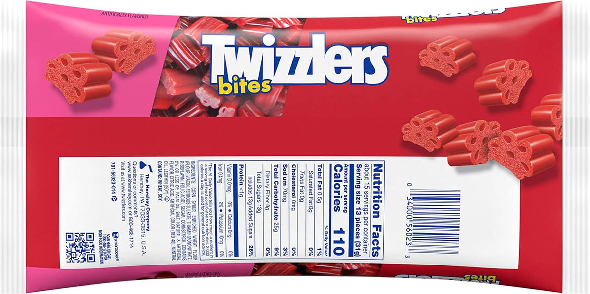 Imported TWIZZLERS cherry bites chewy candy pieces spilled out on a table
