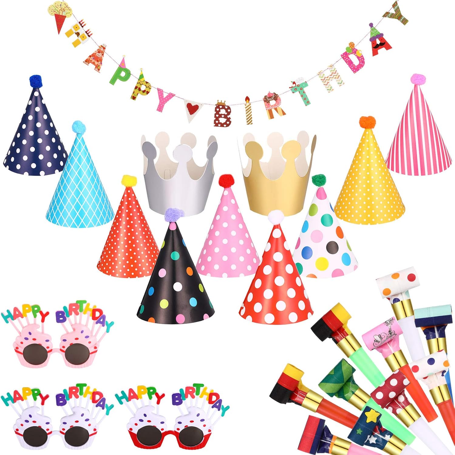 Marspark 25 piece birthday party decoration set front view featuring colorful banner and hats