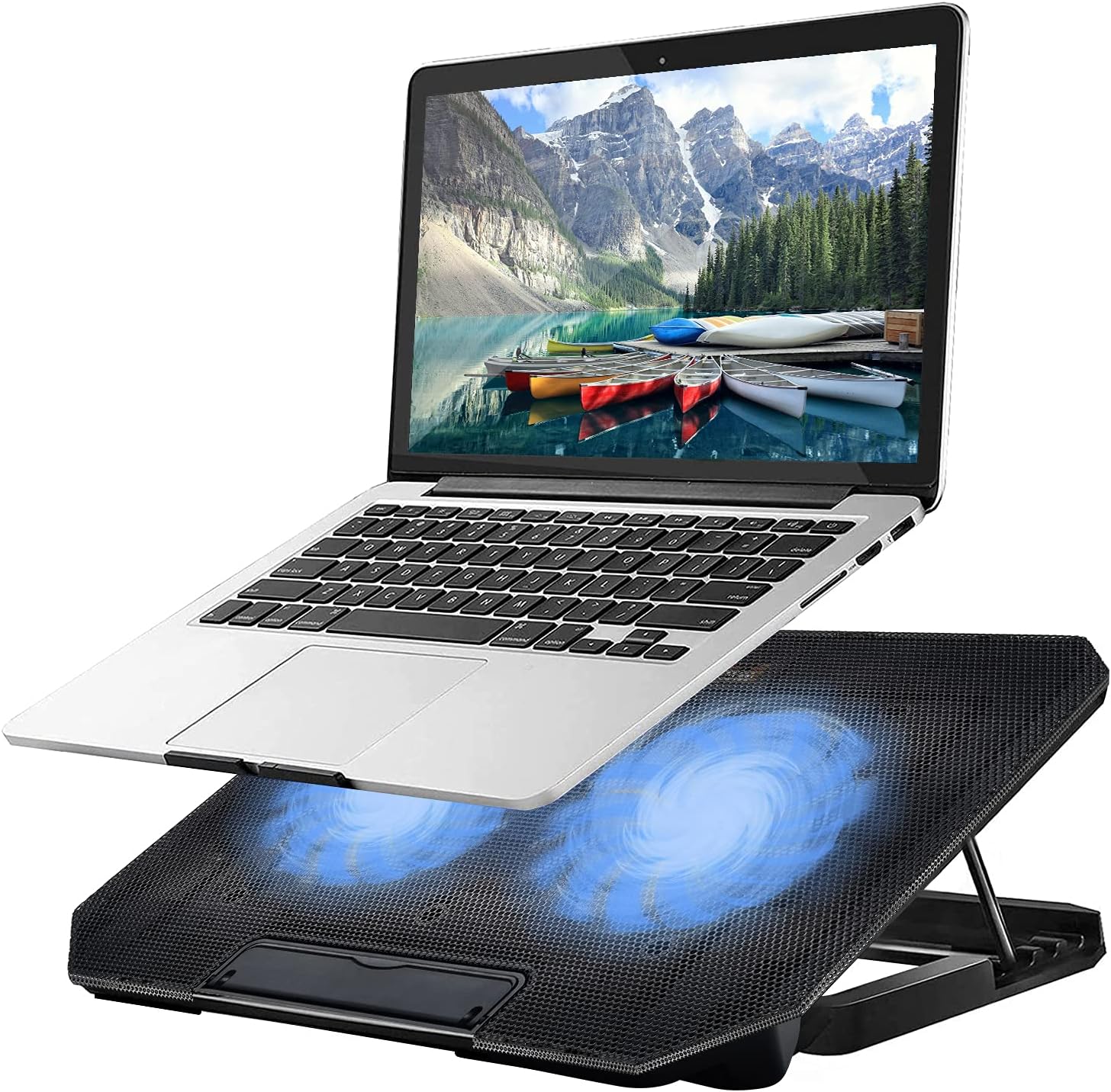 DQJMHSEN laptop cooling pad front view showing dual turbine fans and blue LED lights