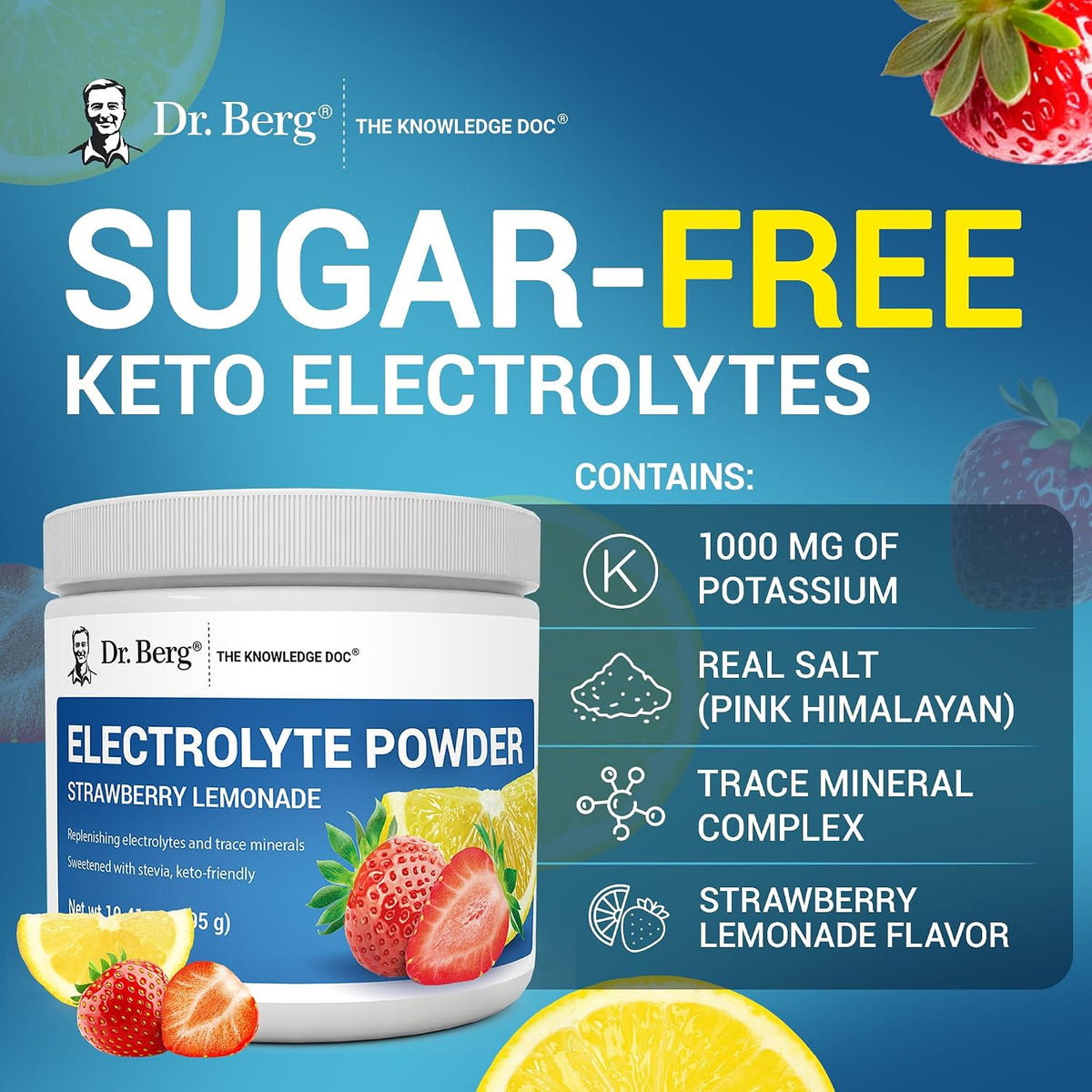 Dr. Berg premium mineral hydration powder packaging showing fifty servings capacity.