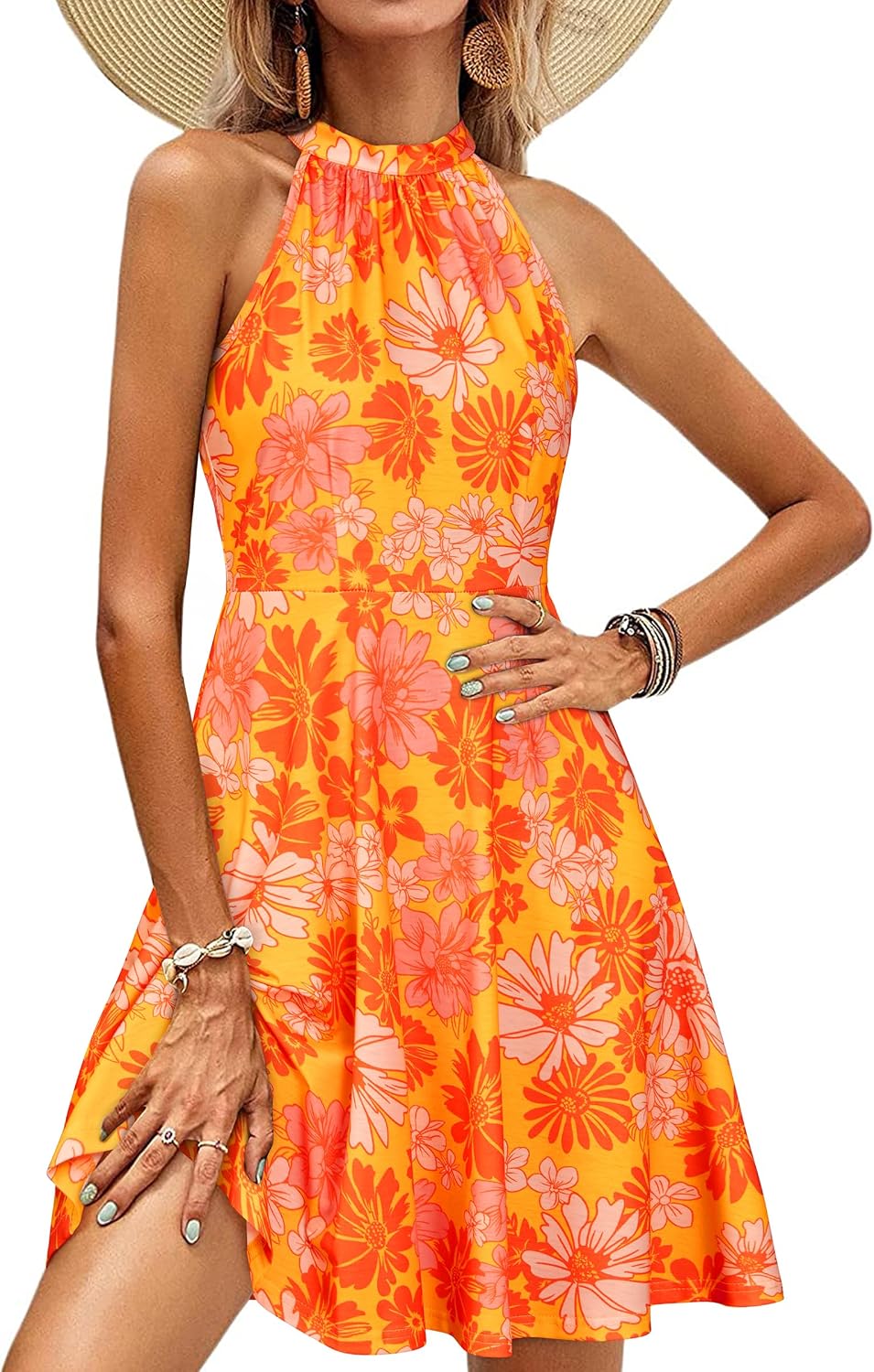OUGES Women's Halter Neck Floral Summer Casual Vacation Sundress 2026 | Lightweight, Soft,Summer Casual Sundress 2026, A-Line Beach Dress for Holiday, Daily Wear - Image 15