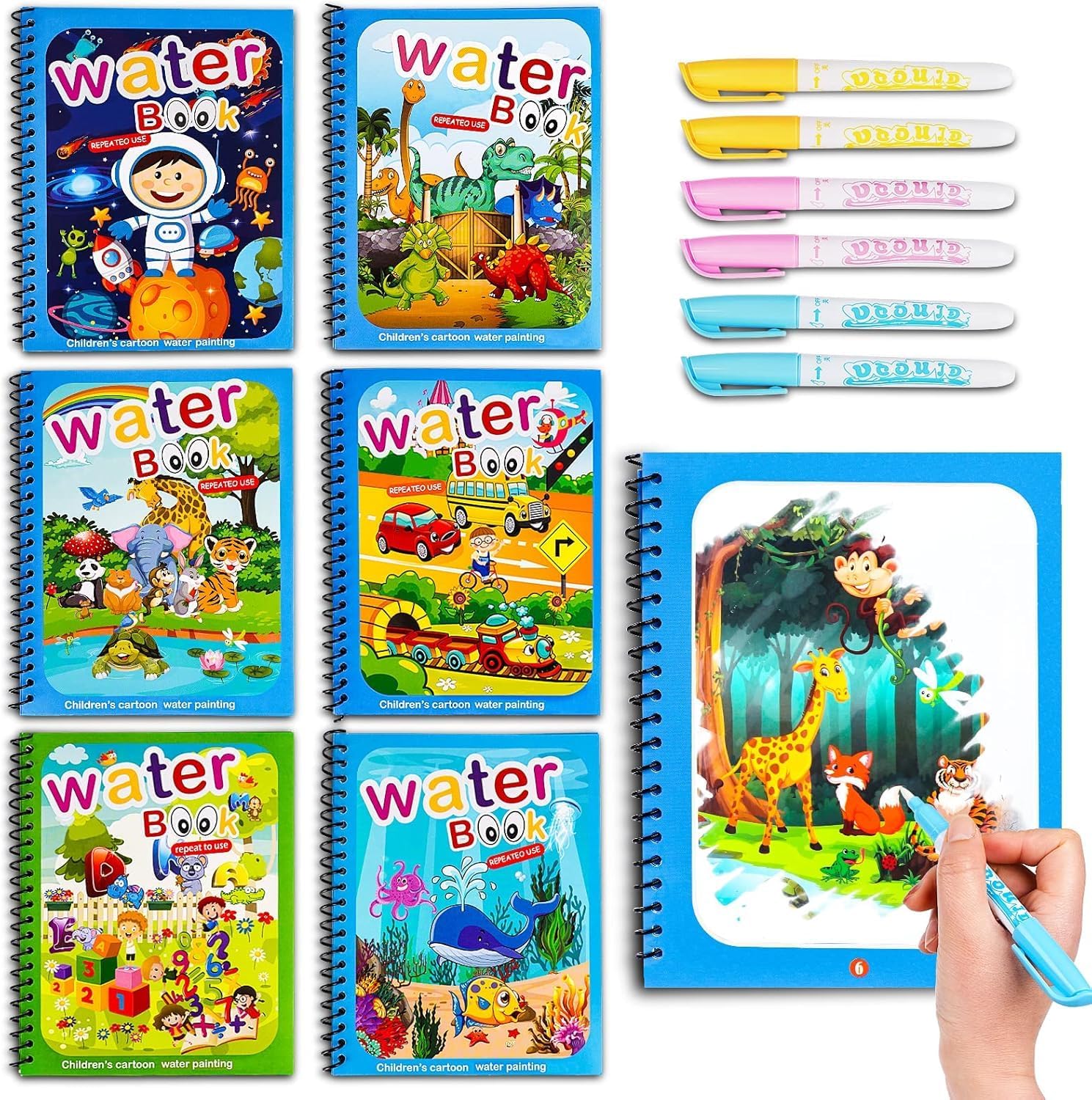 Air Blow magic water coloring books front view six pack set for toddlers