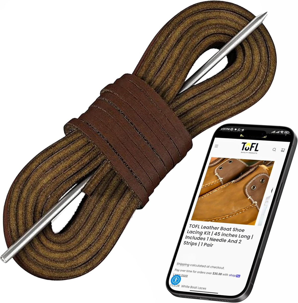 Leather Boat Shoe Lacing Kit - 45 Inch Leather Shoelaces for Boat Shoes, 1 Needle & 2 Strips [1 Pair] - Image 11