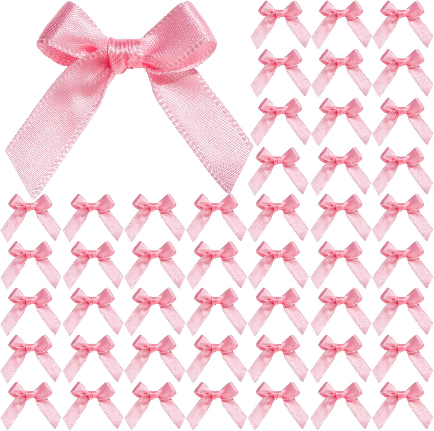 YGDZ Mini Pink Satin Ribbon Bows front view of premium premade craft bows packaged in bulk