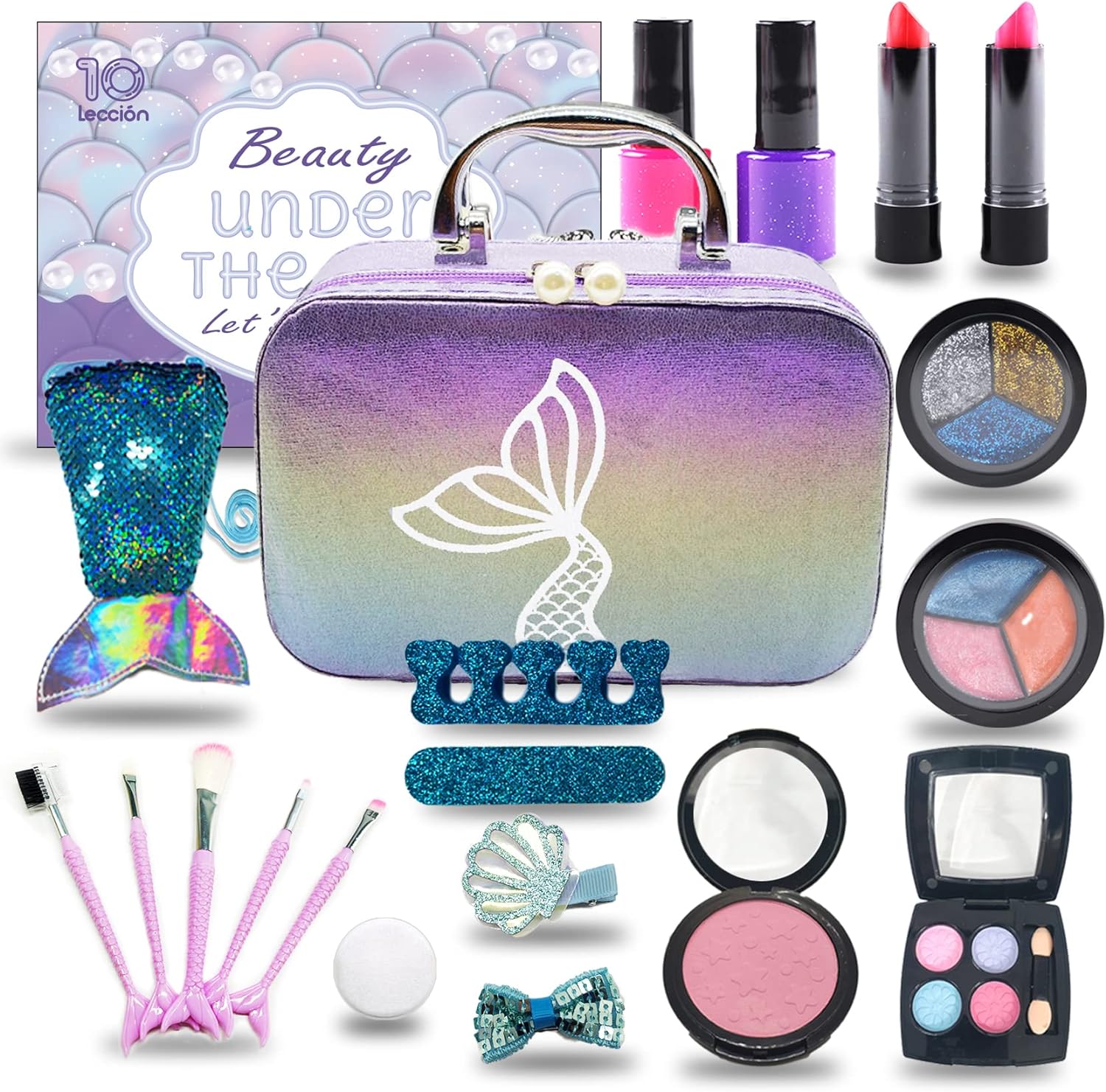 10Leccion kids makeup set front view showing mermaid sequin cosmetic bag