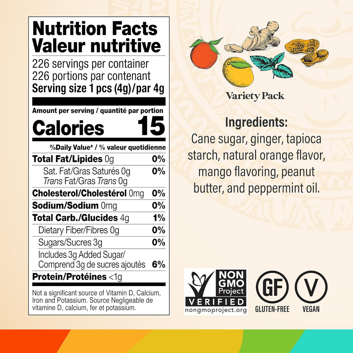 Back packaging of Say Good Chimes Ginger Chews showing the complete nutritional facts and all-natural vegan ingredient list.