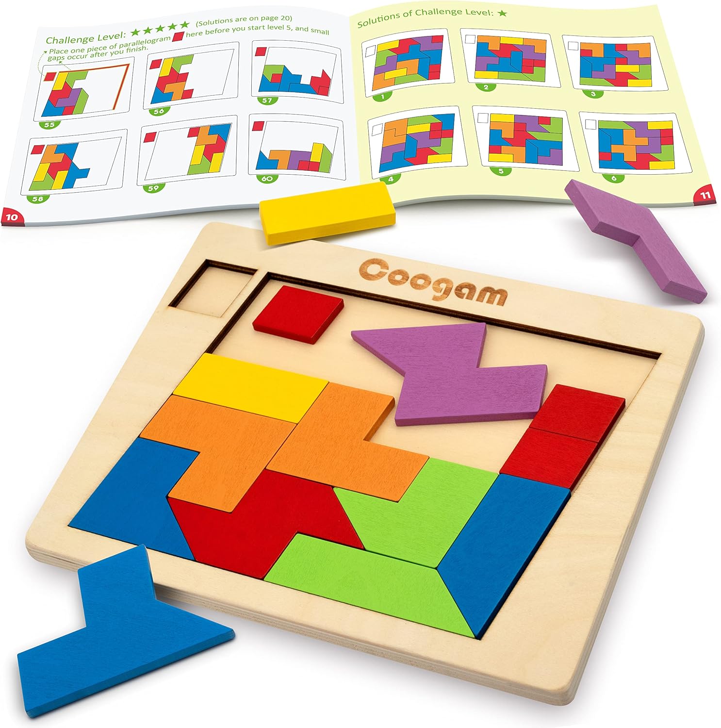 Coogam Wooden Puzzle Blocks front view showing colorful geometric pieces in the frame