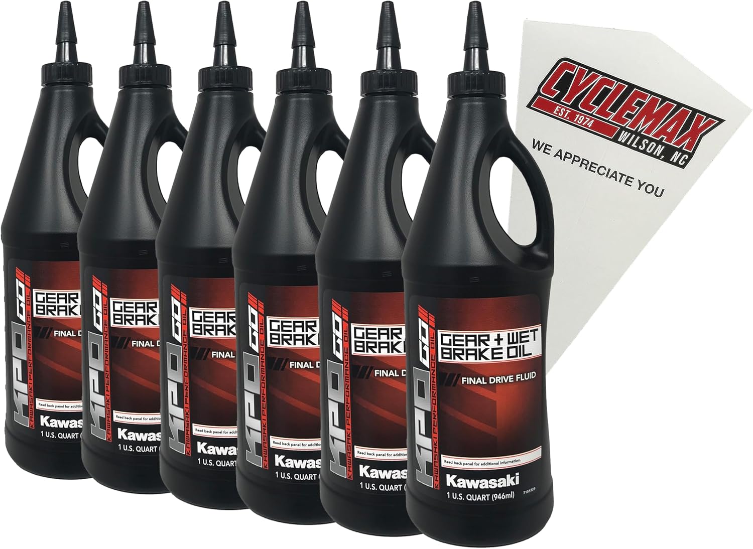 Small Engine Superstore Kawasaki KPO Gear and Wet Brake Oil front view six quart bottles with red and black labels