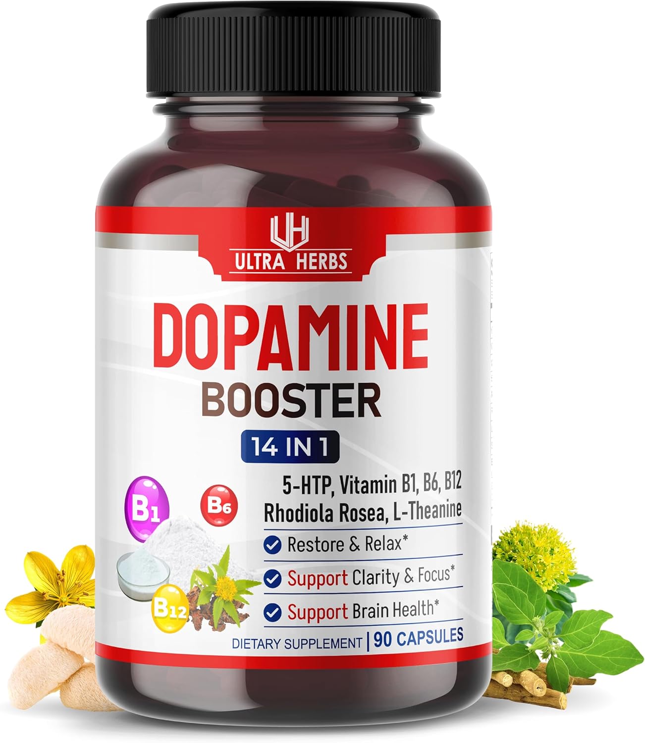 Dopamine Focus Supplement Ashwagandha 5-HTP Rhodiola Rosea St. John's Wort - Increase Memory Clarity Focus Restore Relax with VIT B1, B6, B12, L-Theanine - Image 1