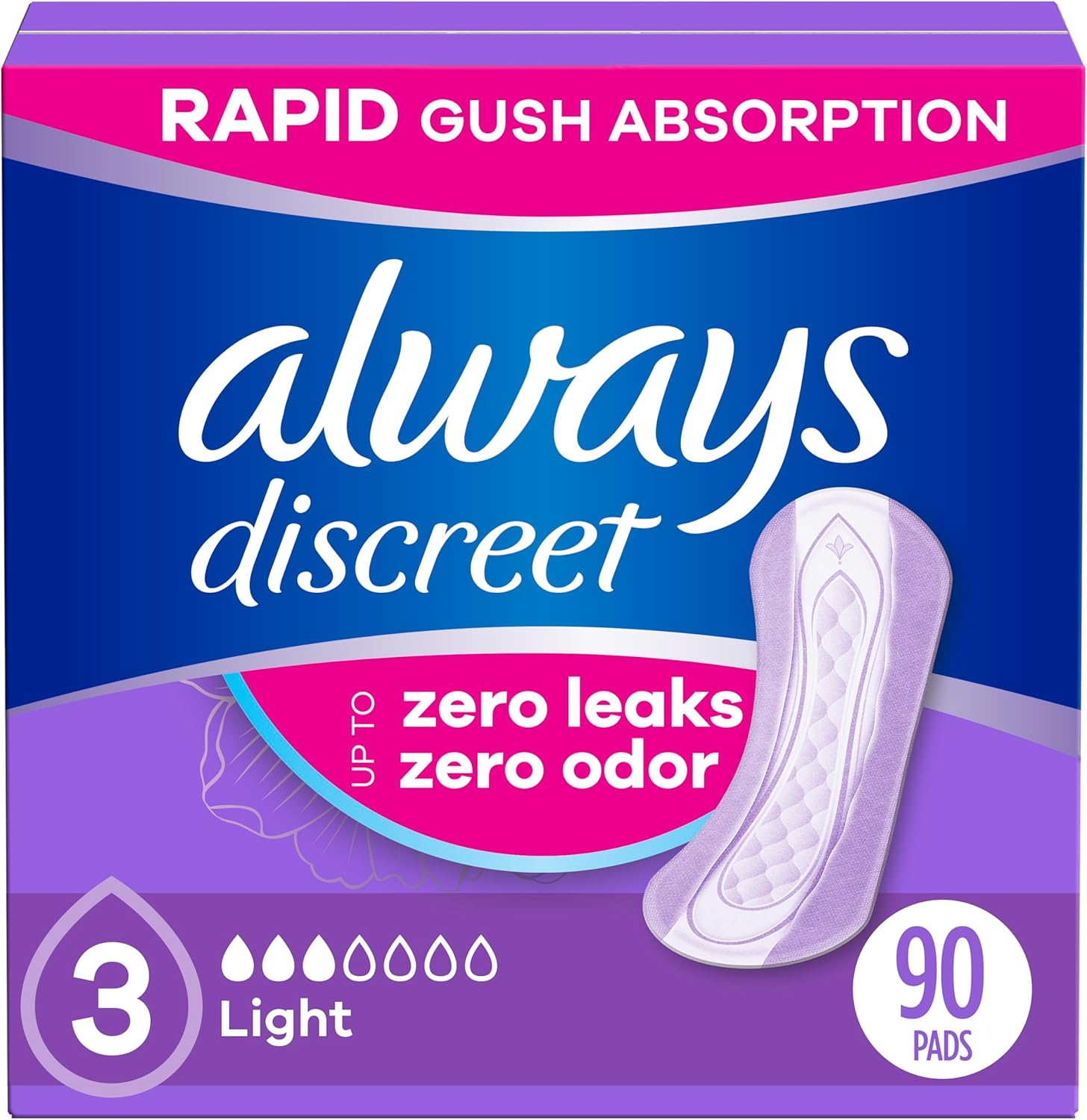Always Discreet adult incontinence pads for women front packaging view
