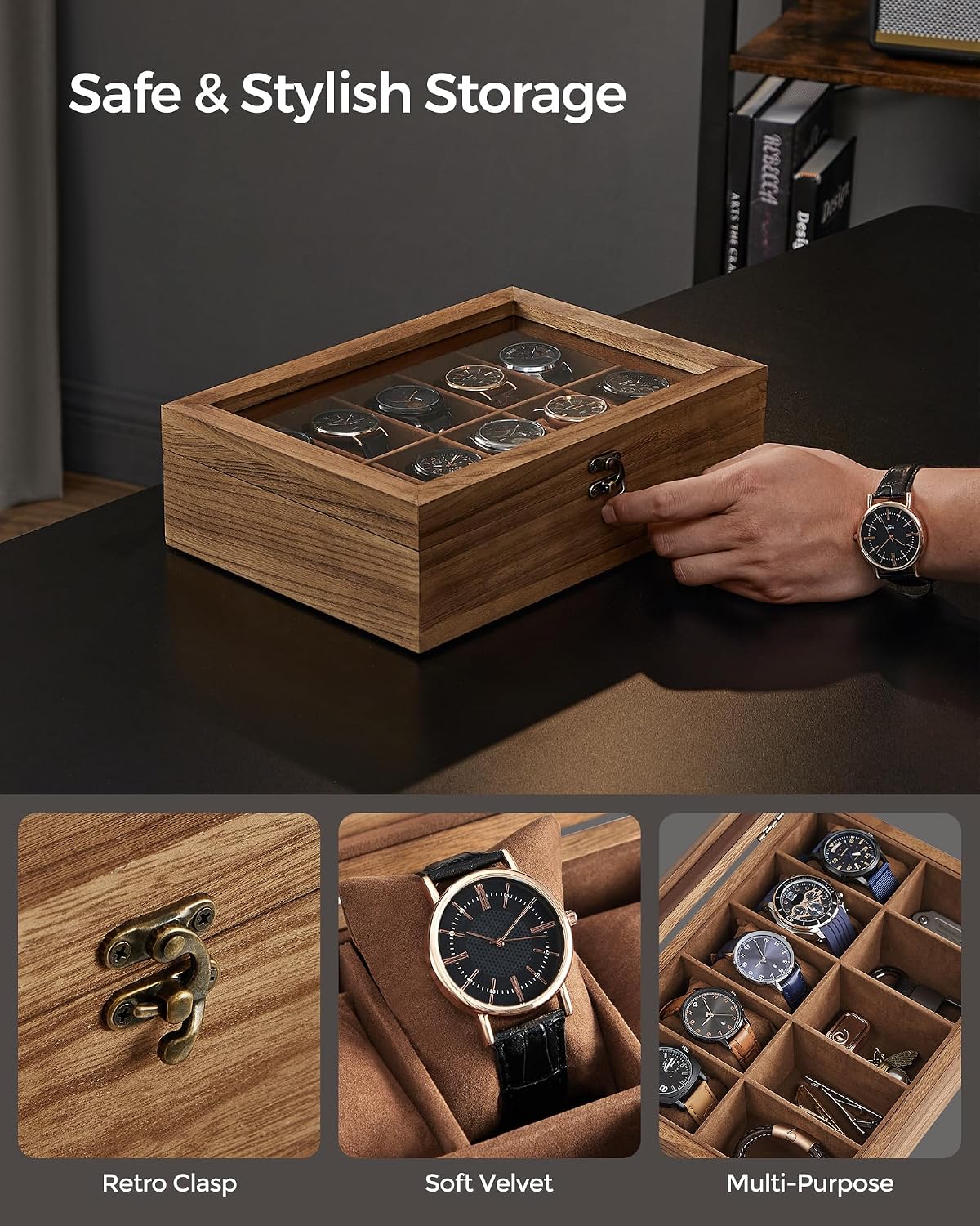 SONGMICS watch organizer interior velvet lining detail