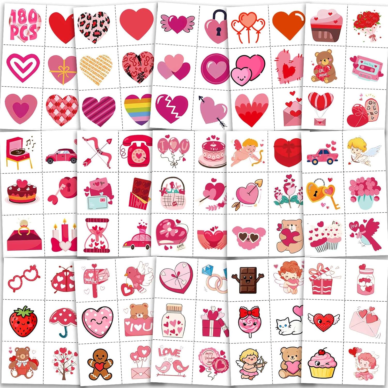 180Pcs Valentines Tattoos for Kids - Love Heart Pre-Cut Temporary Tattoos Individual Wrap Stickers Goodies Bags Stuffers Gifts for Boys Girls School Class Classroom Exchange Birthday Party Favors - Image 1