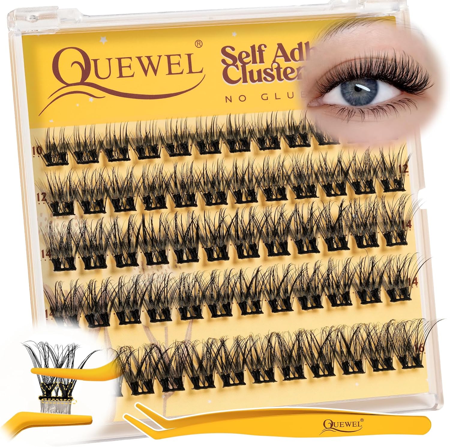 QUEWEL Self Adhesive Lash Clusters Kit, Pre Glued Eyelashes Clusters, 10-16MM Strong Hold Self Adhesive Eyelashes,D Curl Press On Lashes No Glue Needed DIY Lash Extensions Kit at Home(MJ01) - Image 1