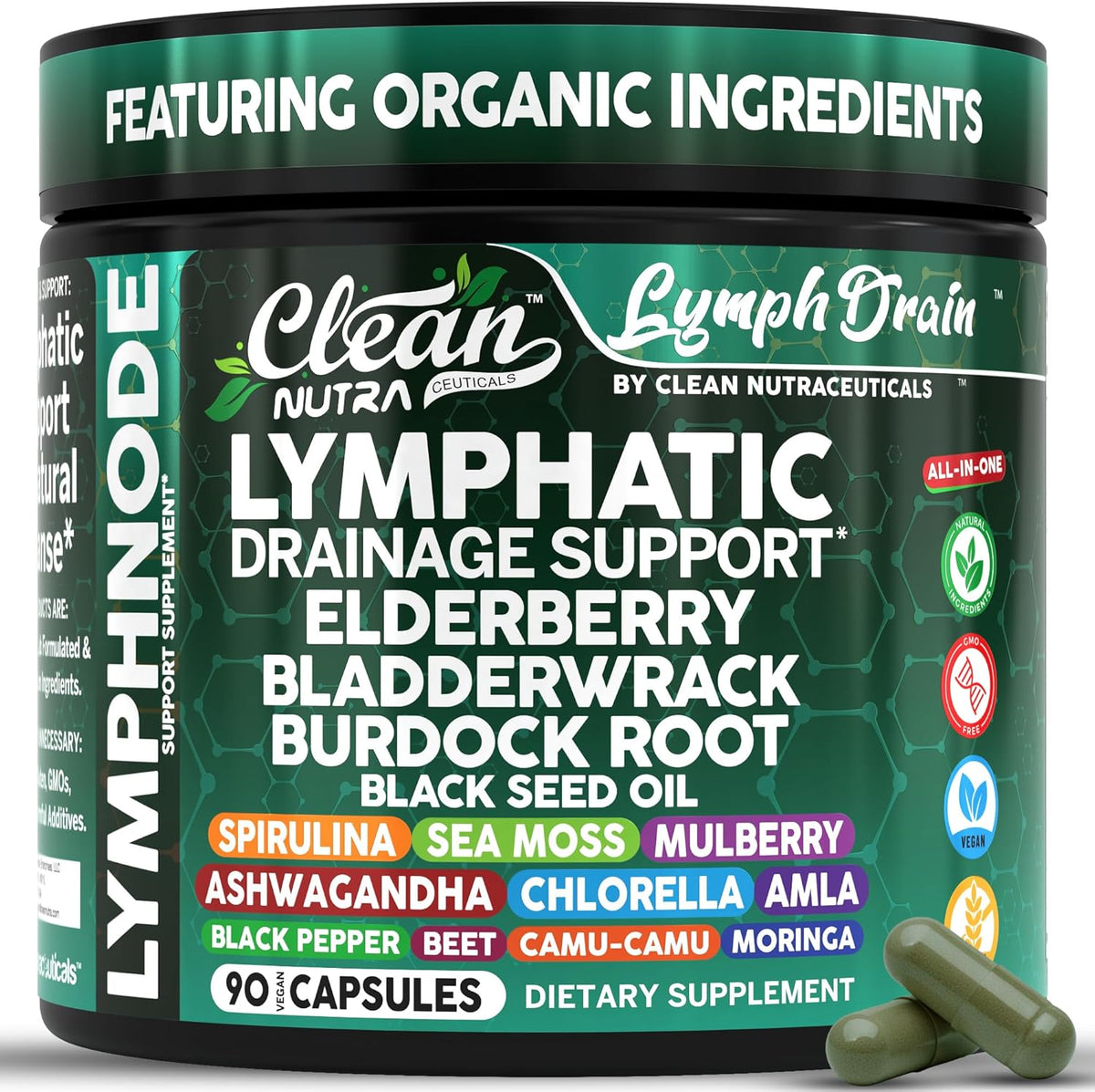 Organic Lymphatic Drainage Supplements | Elderberry Bladderwrack Burdock Root Black Seed Oil Spirulina Sea Moss Ashwagandha Chlorella Amla Beet Moringa Chlorophyll Lymph System Capsules By Clean Nutra - Image 1