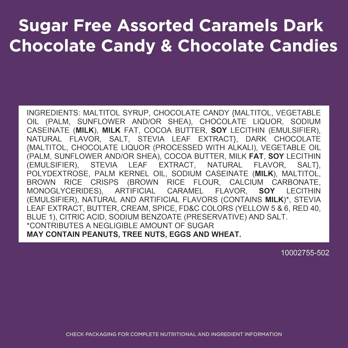 Three flavors of Russell Stover sugar free assortment including dark chocolate caramel medallions