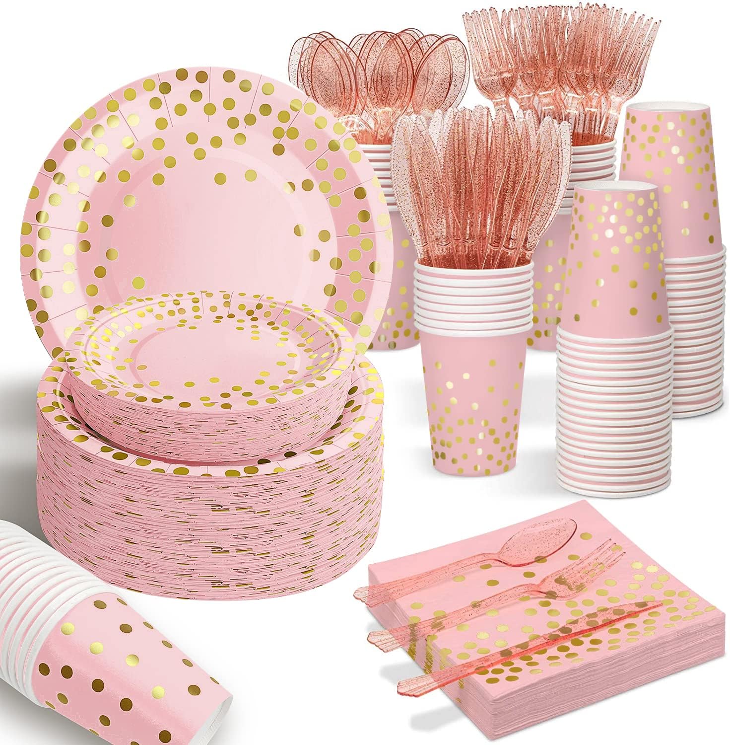 AIRE 175 Piece Pink Rose Gold Plates and Cutlery set front view for parties.