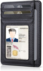 Teskyer slim minimalist wallet front view showing lichee black faux leather texture.