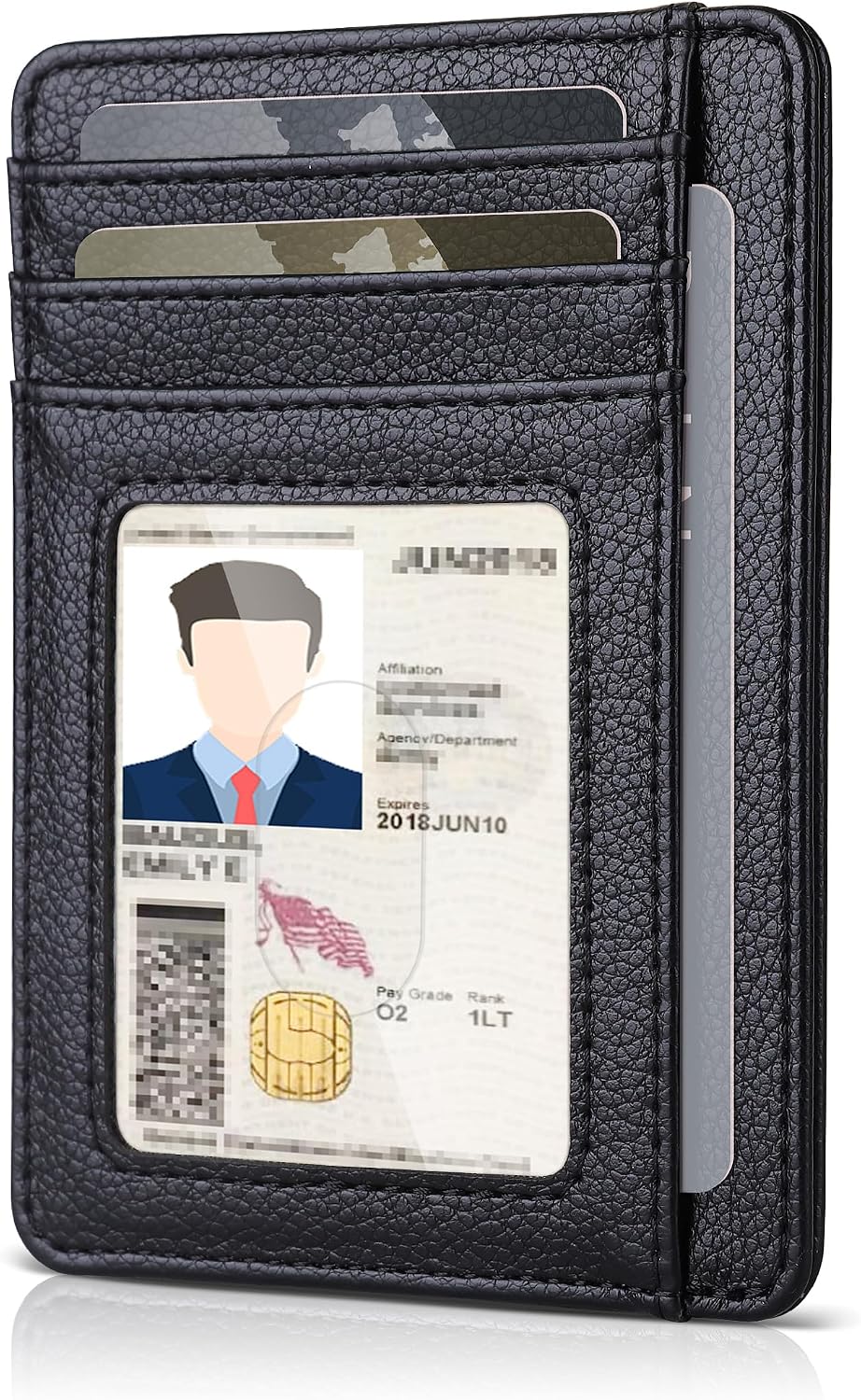 Teskyer slim minimalist wallet front view showing lichee black faux leather texture.