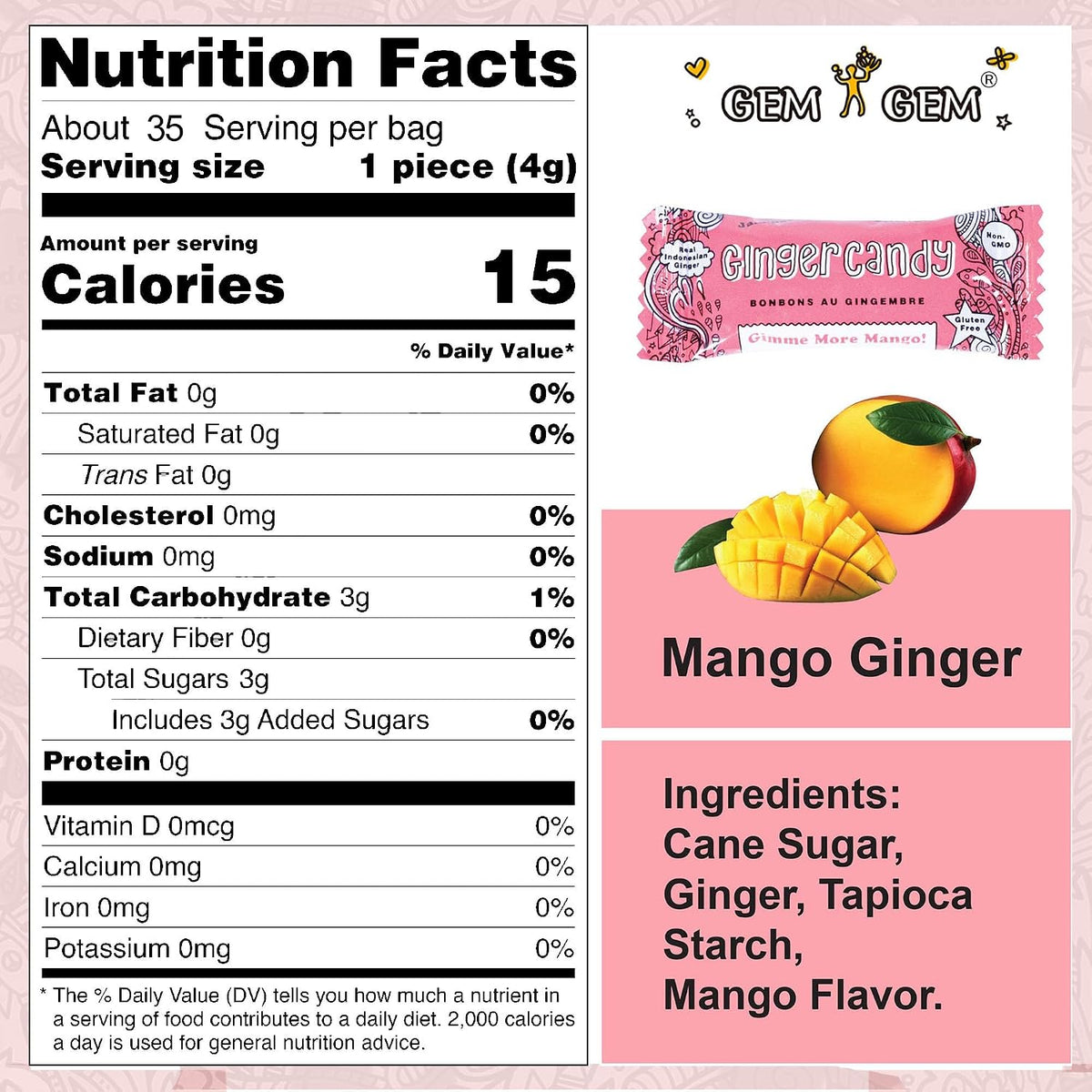 Gem Gem mango flavored chewy ginger candy bags arranged together.