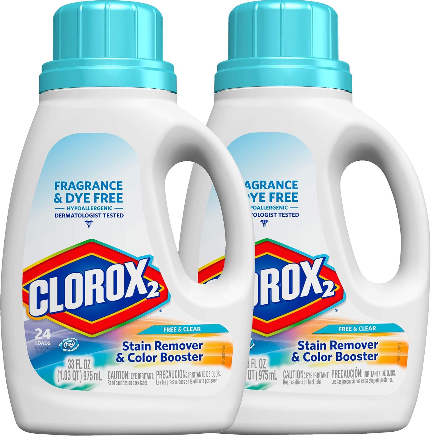 Clorox 2 Free and Clear Liquid Concentrated Color Safe Bleach front view of twin pack bottles for laundry stain removal.