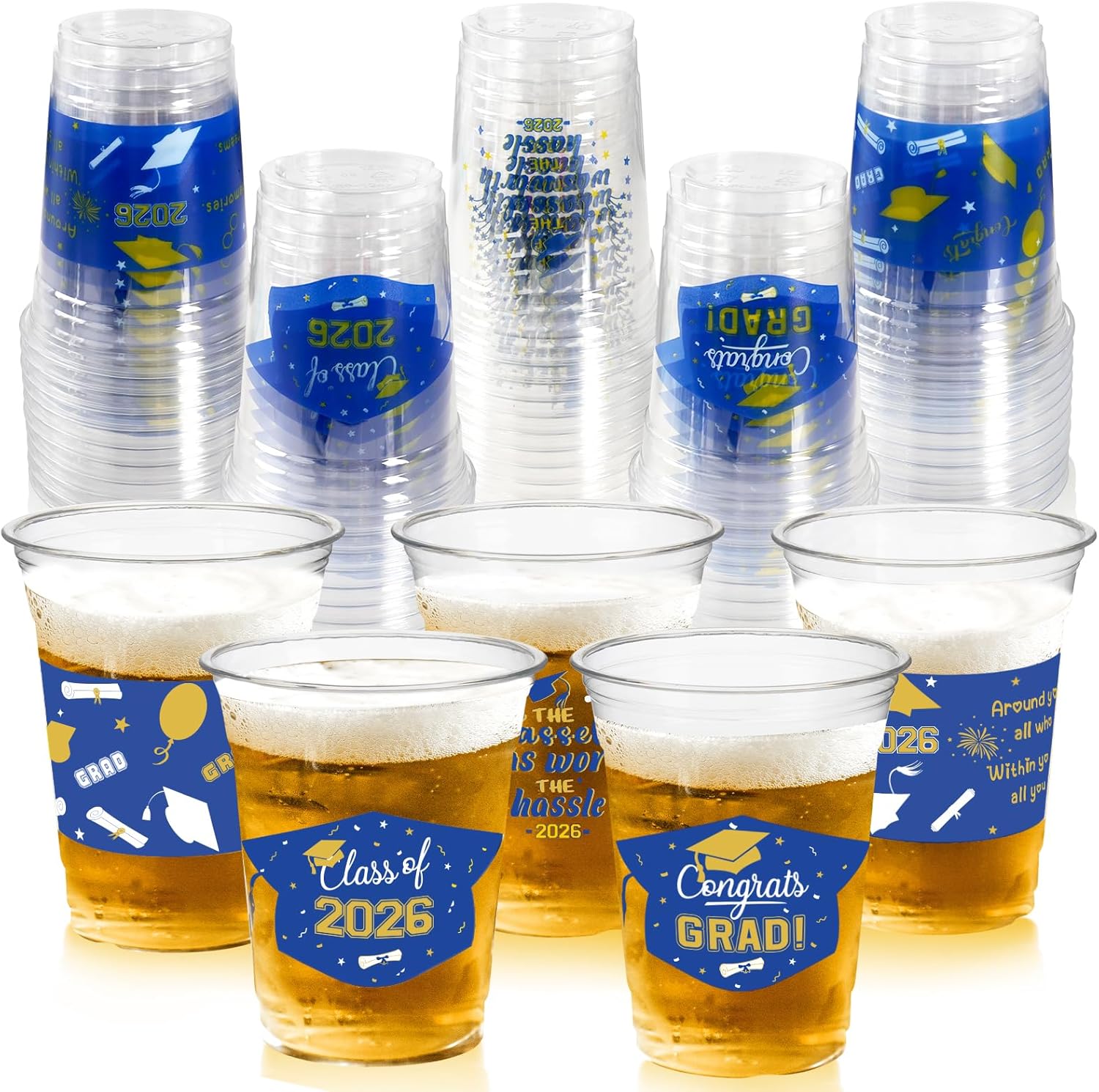 GuassLee blue and gold graduation party cups front view