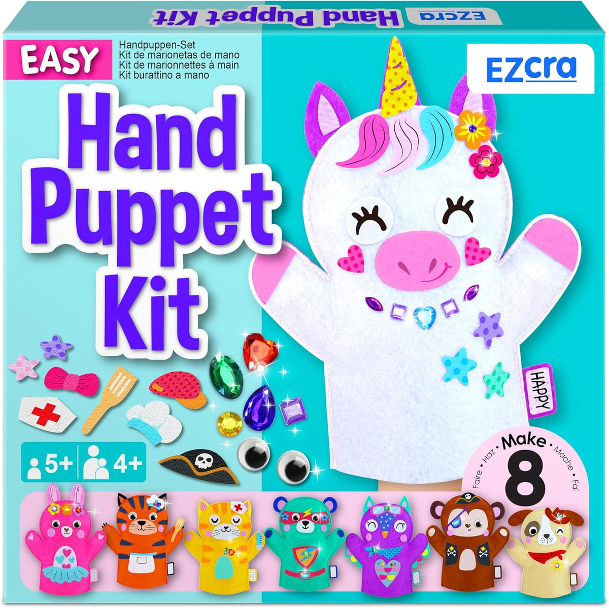 Ezcra unicorn hand puppet making kit front view of packaging