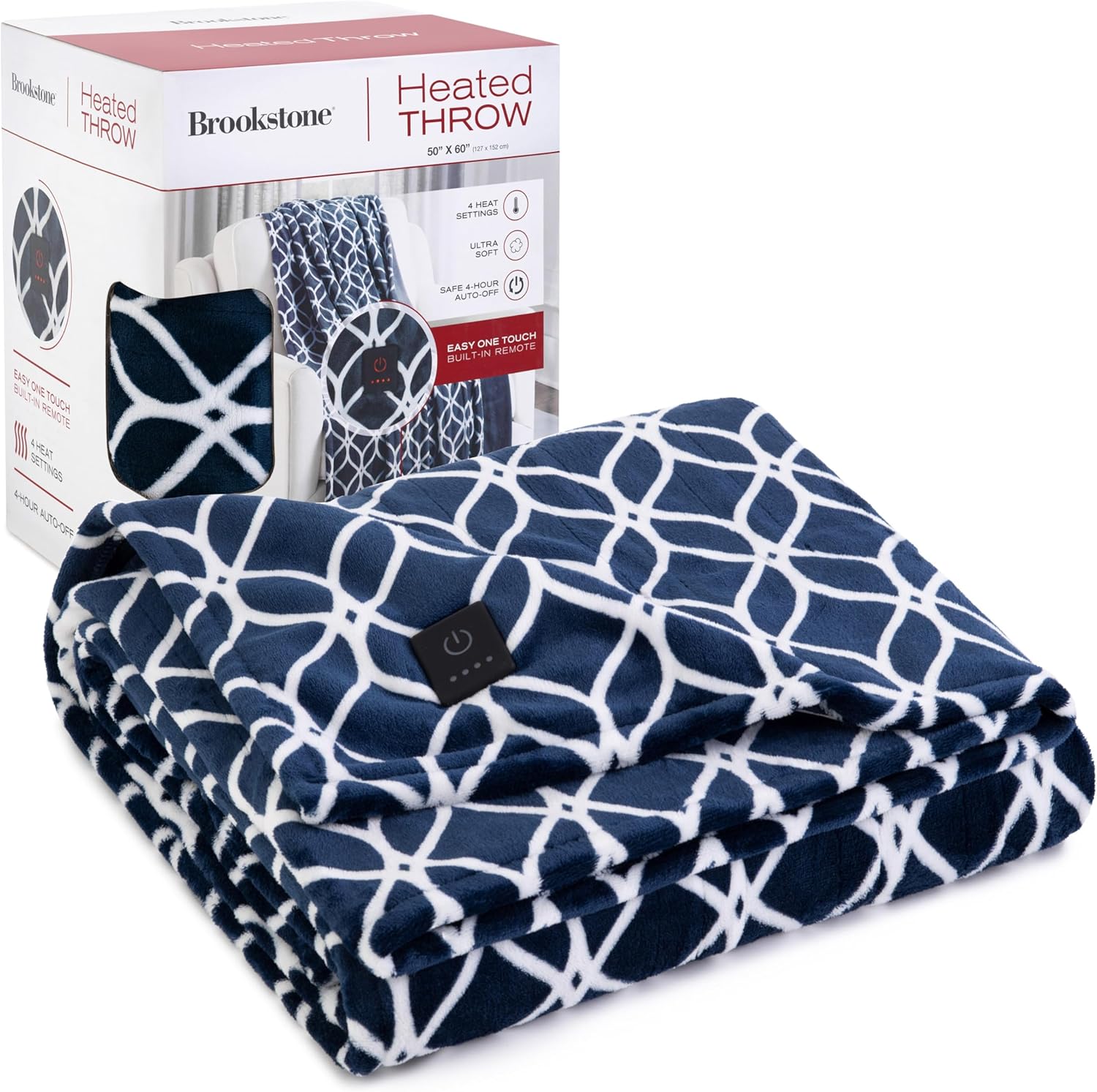 Brookstone electric heated plush throw blanket blue trellis front view