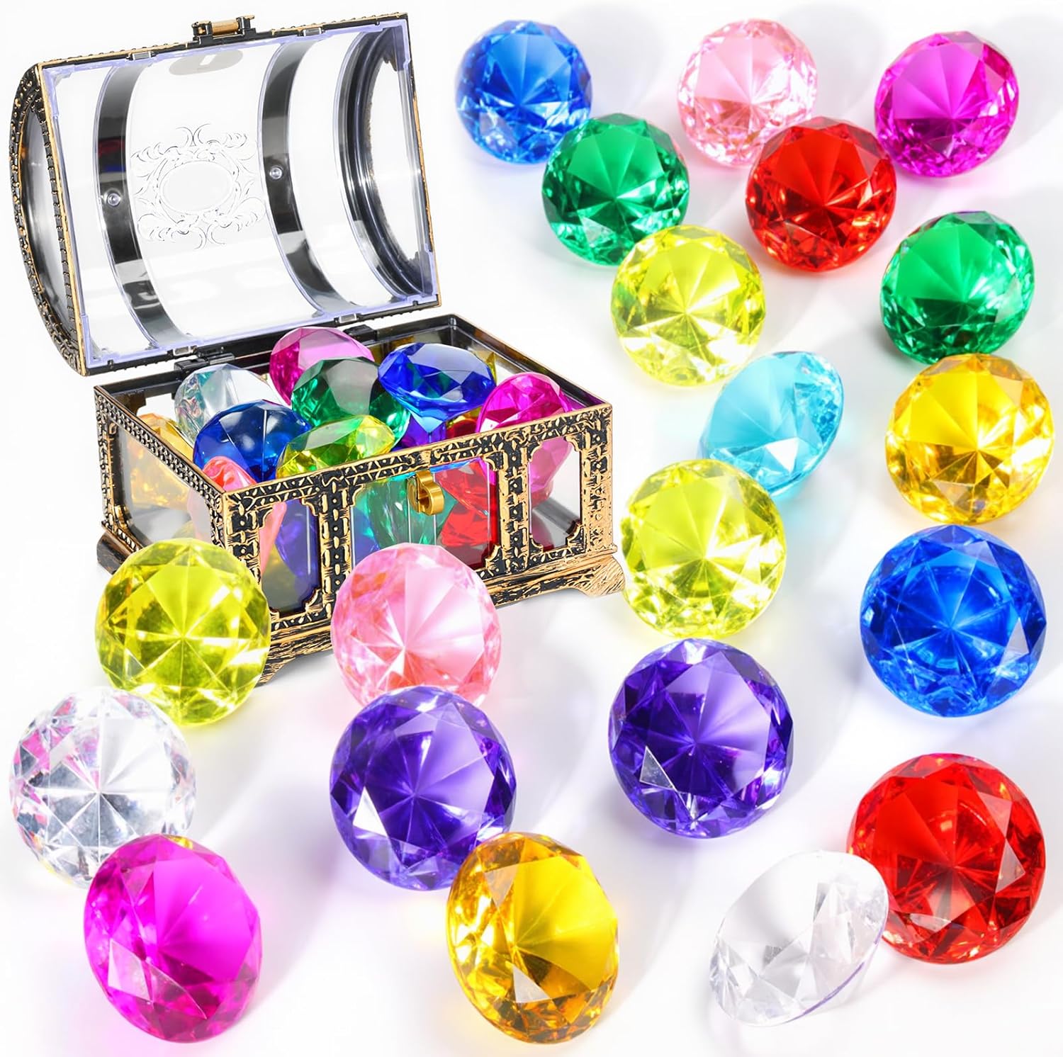 WZXJZTCY diving gem pool toys front view showing colorful diamonds inside the open pirate chest.