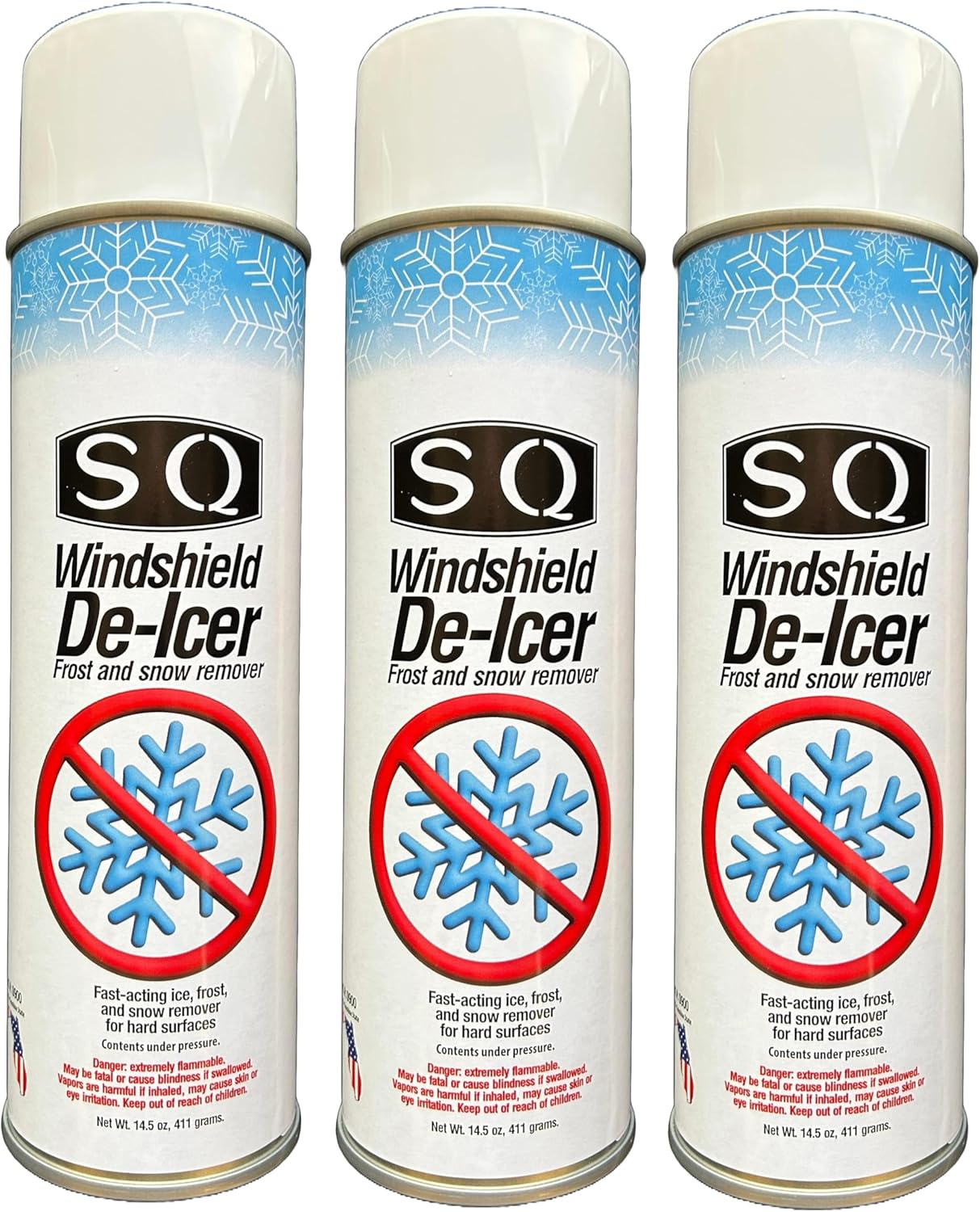 SQ Windshield De-Icer front view of the fourteen point five ounce aerosol spray can.