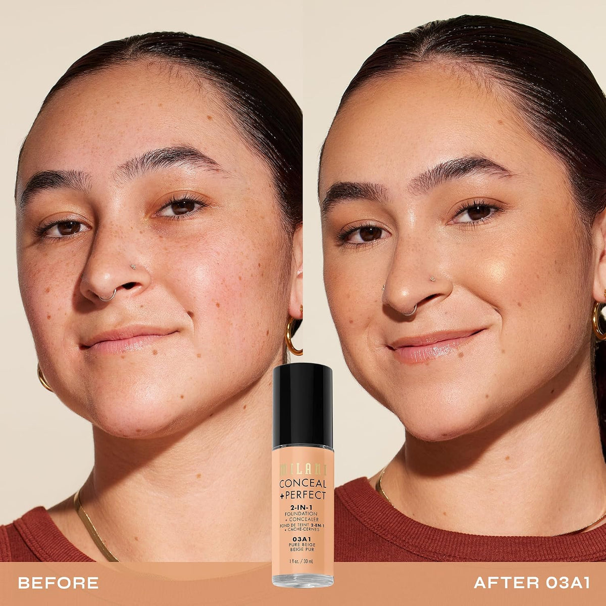Milani Conceal + Perfect 2-in-1 Foundation + Concealer for a Flawless Complexion, Under Eye Corrector, Cover Redness and Imperfections, Waterproof and Sweatproof - 03A1-Pure Beige - Image 3