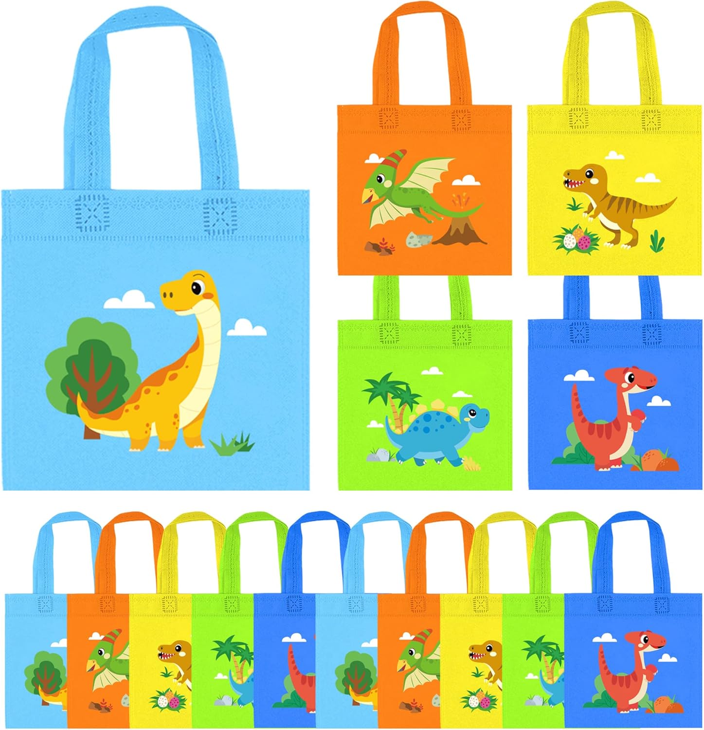 BANBALLON dinosaur party favor bags front view showcasing five colorful cartoon animal designs for return gifts.
