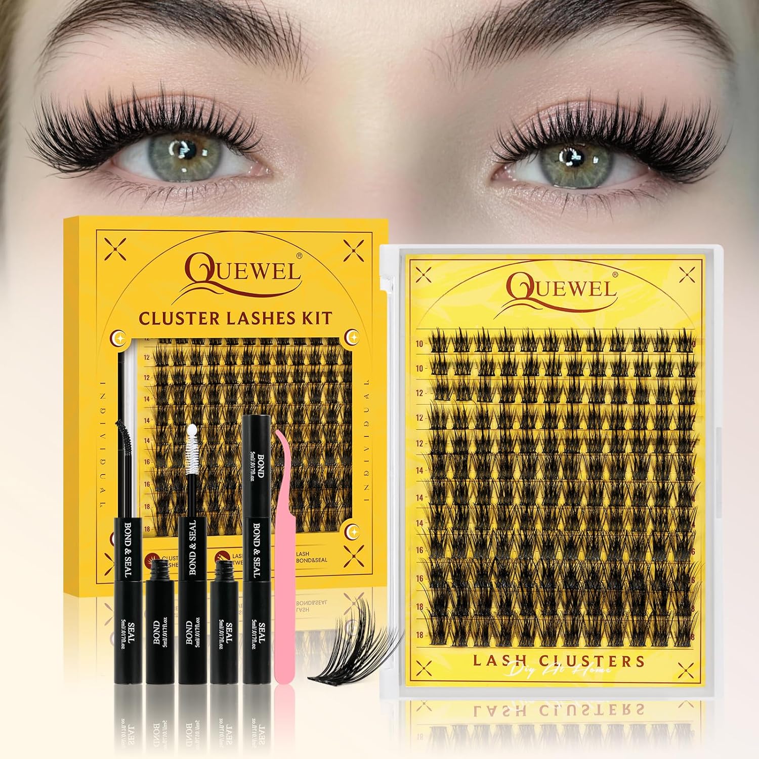 QUEWEL Lash Clusters Kit, 144PCS Natural Lash Custers with Lash Bond and Seal, C Curl Wispy Cluster Lashes Natural Look with Thin Band Easy to use for Beginners (DJ-FD-E - Image 1