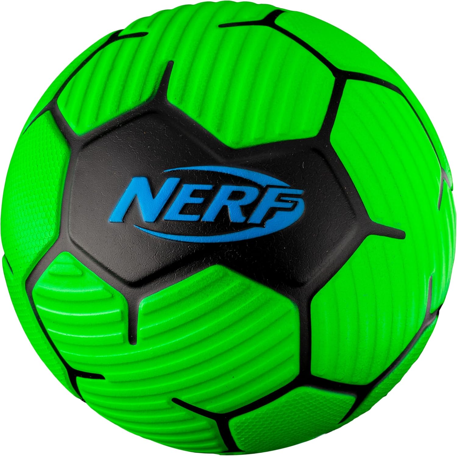 Nerf Kids Foam Mini Soccer Ball front view showing the green and black textured panels.