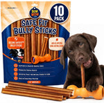 Bow Wow Labs SafeFit Bully Sticks front view packaging showcasing the ten pack of natural dog treats.