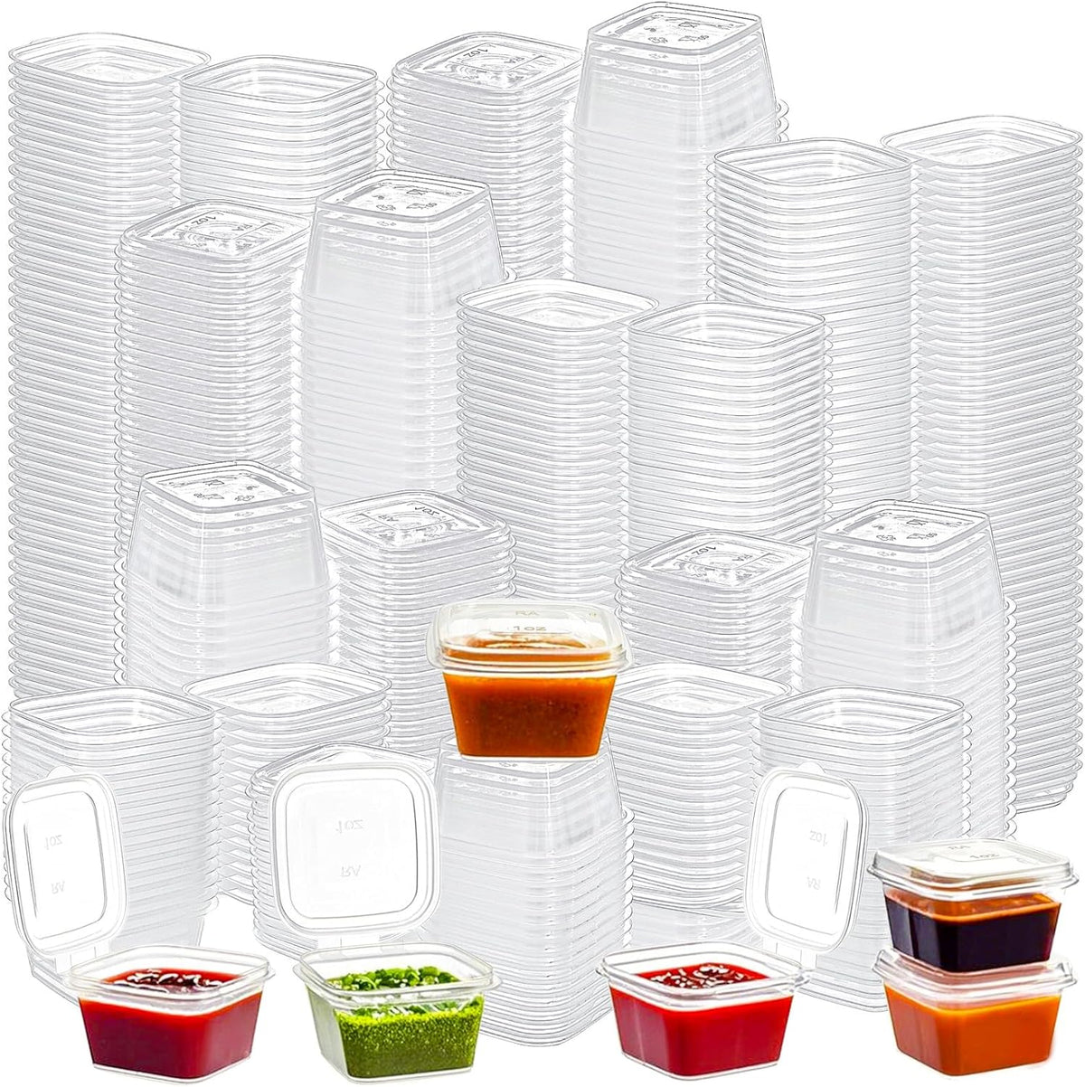 Elsjoy 300 count one ounce square containers front view leak proof condiment cups.