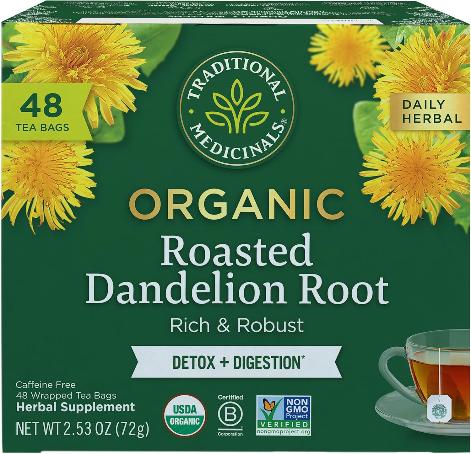 Traditional Medicinals Tea, Organic Roasted Dandelion Root, Supports Kidney Function & Healthy Digestion, 48 Tea Bags - Image 1