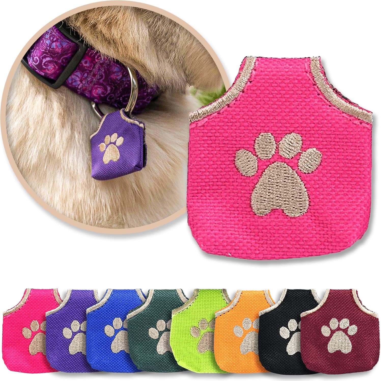 Woofhoof dog tag silencer pink pawprint front view quiet pet tag cover
