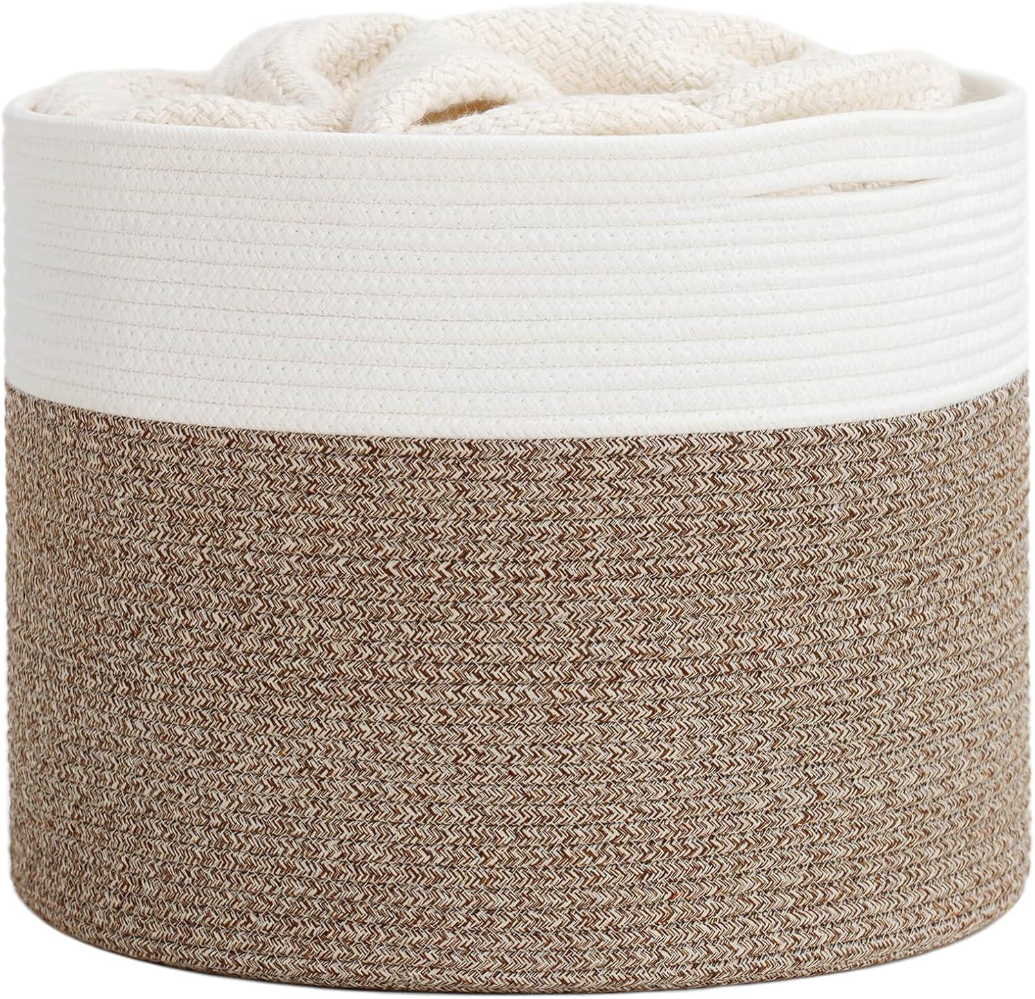 Goodpick large cotton rope basket front view displaying the woven Mele taupe and white design for living room organization.