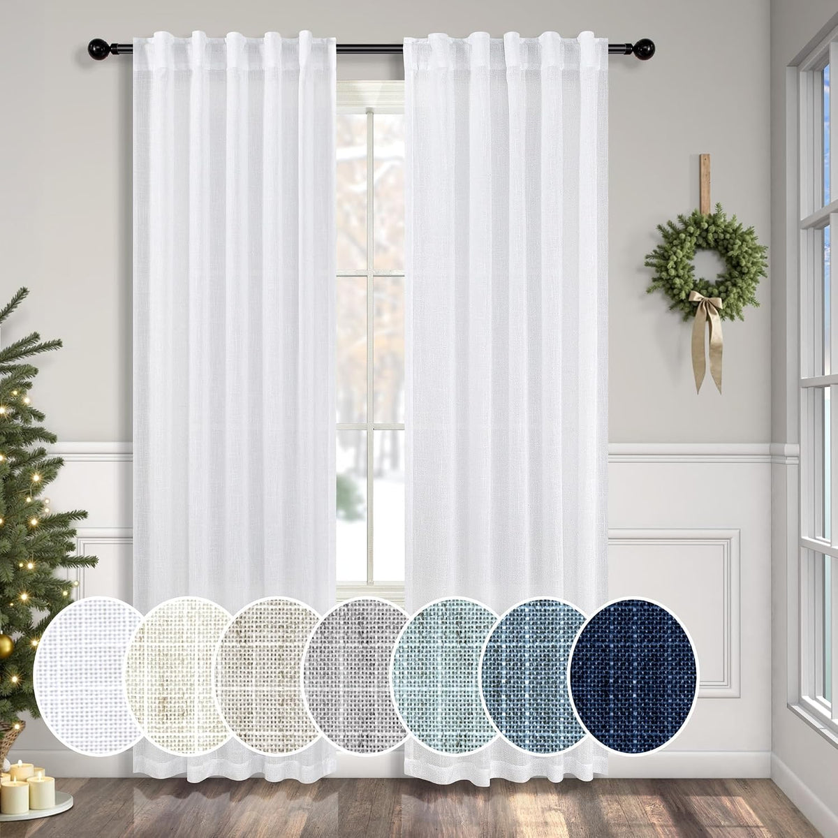 Pitalk white linen curtains front view in living room