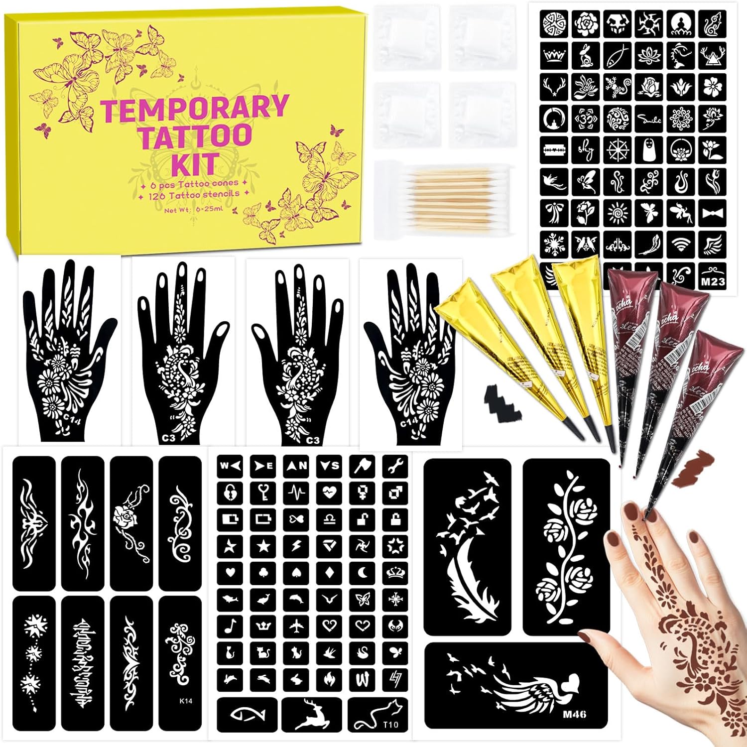 126 PCS Temporary Tattoos Stencils Kit,Temporary Tattoos Kit - 6 Pcs 2 Color(Brown Black) Ink with Gloves,DIY Body Art Painting for Women Men Adults Kids - Image 1