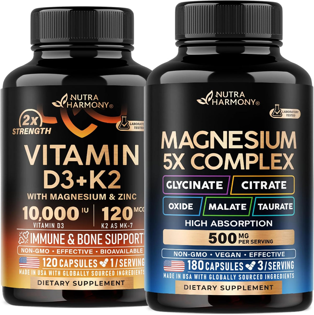 Nutraharmony Vitamin D3 K2 and Magnesium Complex front bottle view supplement