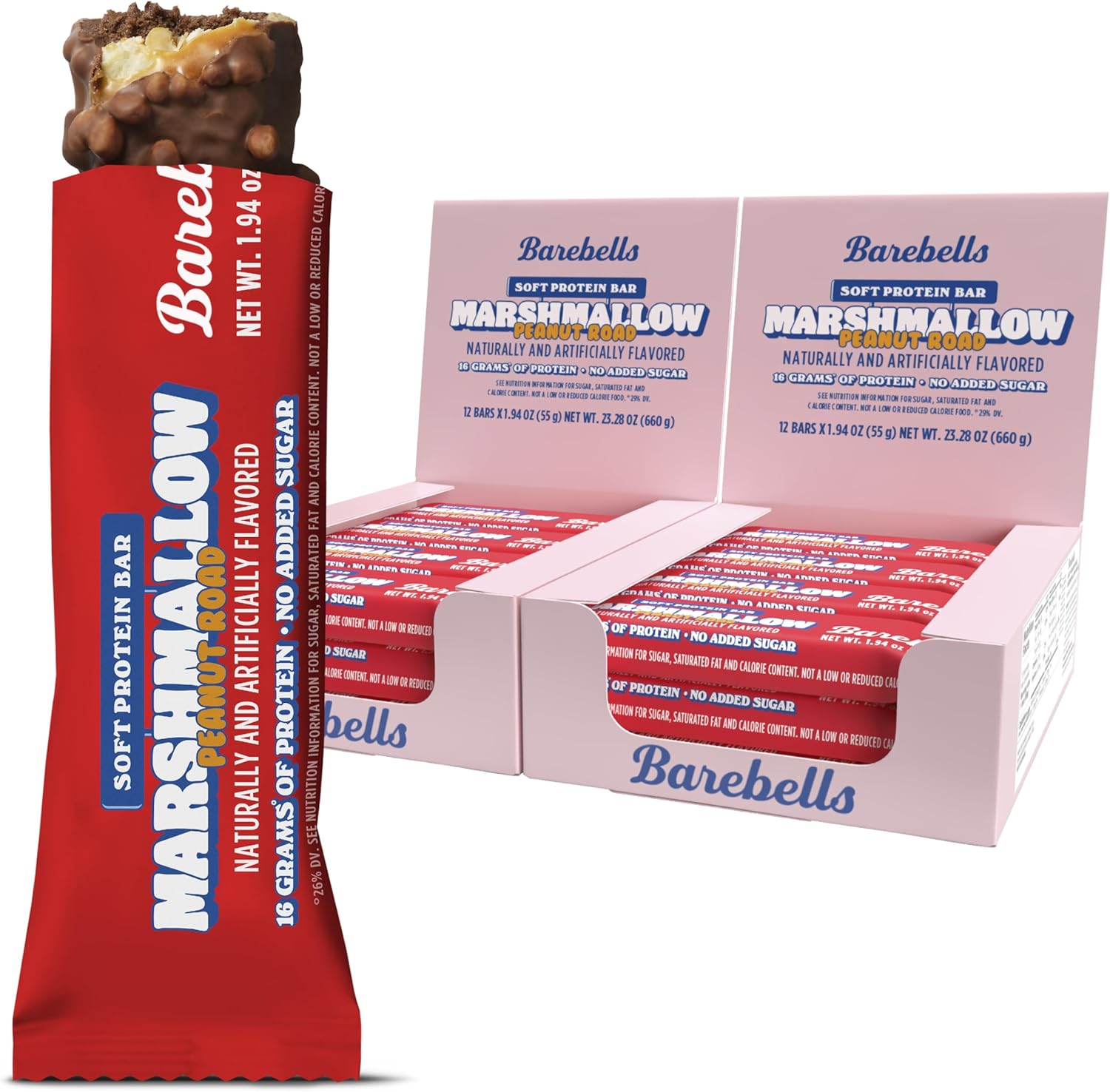 Barebells Soft Protein Bars Marshmallow Peanut Road front view showcasing the packaging for authentic imported nutritional snacks.